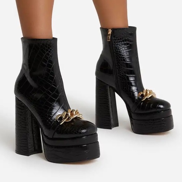Ego Roxy Chain detail croc embossed black platform heeled boots - Picture 1 of 8
